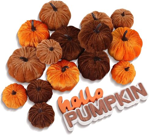 17 Pack Fall Fall Velvet Vilvet Decorations ، Foam Faux Flocked Pumpkin بما في ذلك علامة القرع Wooden Hello ، للمنزل في الخريف. in Kuwait