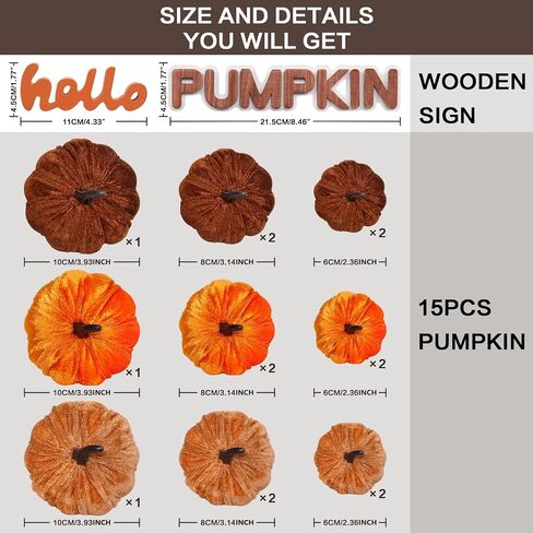 17 Pack Fall Fall Velvet Vilvet Decorations ، Foam Faux Flocked Pumpkin بما في ذلك علامة القرع Wooden Hello ، للمنزل في الخريف. in Kuwait