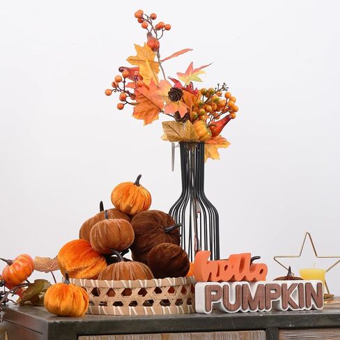 17 Pack Fall Fall Velvet Vilvet Decorations ، Foam Faux Flocked Pumpkin بما في ذلك علامة القرع Wooden Hello ، للمنزل في الخريف. in Kuwait