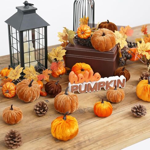 17 Pack Fall Fall Velvet Vilvet Decorations ، Foam Faux Flocked Pumpkin بما في ذلك علامة القرع Wooden Hello ، للمنزل في الخريف. in Kuwait