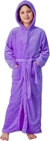 ACTLATI Girls Hooded Plush Bathrobe Full Length – Soft Fleece Robe with Belt & Pockets, Long Kids Robe for Girls Ages 3-13 in Saudi Arabia