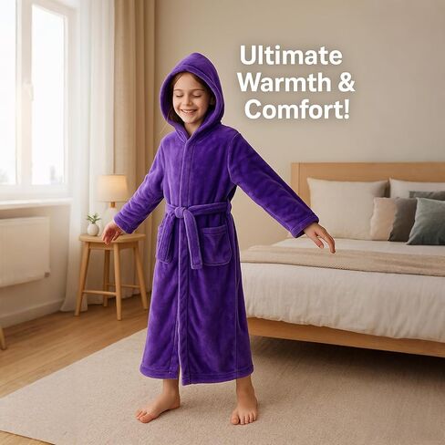 ACTLATI Girls Hooded Plush Bathrobe Full Length – Soft Fleece Robe with Belt & Pockets, Long Kids Robe for Girls Ages 3-13 in Saudi Arabia