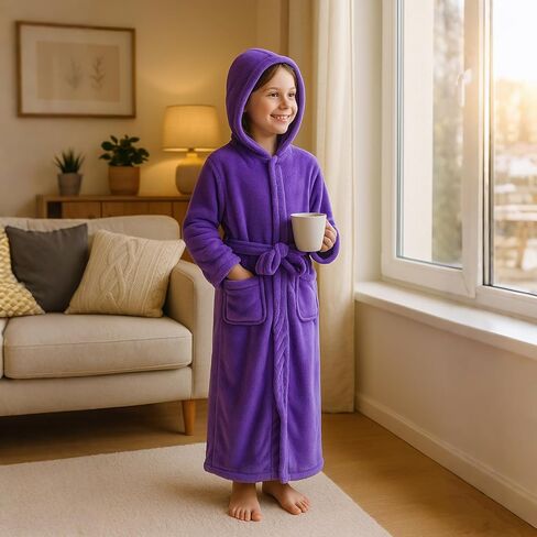 ACTLATI Girls Hooded Plush Bathrobe Full Length – Soft Fleece Robe with Belt & Pockets, Long Kids Robe for Girls Ages 3-13 in Saudi Arabia