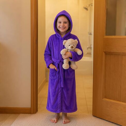 ACTLATI Girls Hooded Plush Bathrobe Full Length – Soft Fleece Robe with Belt & Pockets, Long Kids Robe for Girls Ages 3-13 in Saudi Arabia