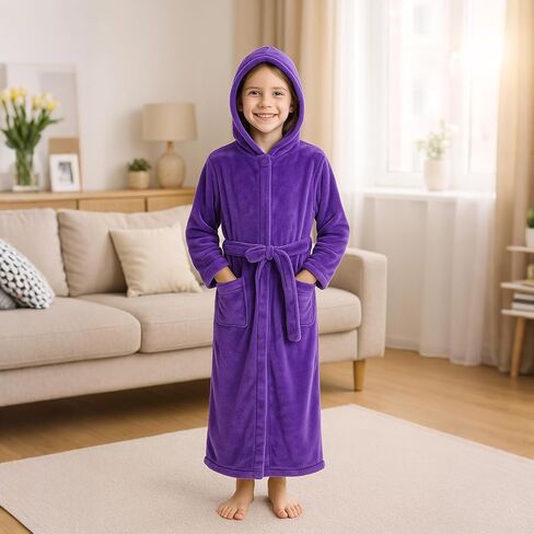 ACTLATI Girls Hooded Plush Bathrobe Full Length – Soft Fleece Robe with Belt & Pockets, Long Kids Robe for Girls Ages 3-13 in Saudi Arabia