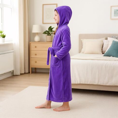 ACTLATI Girls Hooded Plush Bathrobe Full Length – Soft Fleece Robe with Belt & Pockets, Long Kids Robe for Girls Ages 3-13 in Saudi Arabia