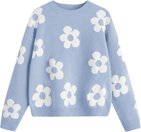 SHENHE Girl's Casual Flower Print Crewneck Long Sleeve Pullover Sweater Jumper Tops in Saudi Arabia