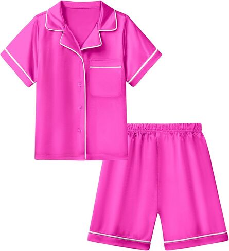 LQSZ Girls Pajamas Set Satin 2PCS Sleepwear 3-10 Years Kids Silky Button-Down Shorts Set in Kuwait