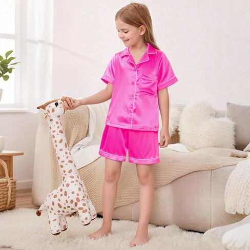 LQSZ Girls Pajamas Set Satin 2PCS Sleepwear 3-10 Years Kids Silky Button-Down Shorts Set in Kuwait