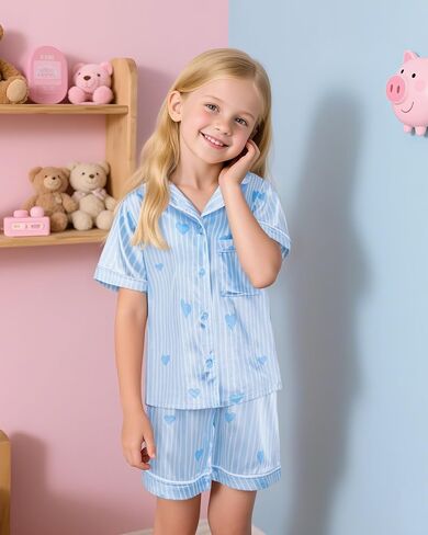 LQSZ Girls Pajamas Set Satin 2PCS Sleepwear 3-10 Years Kids Silky Button-Down Shorts Set in Kuwait