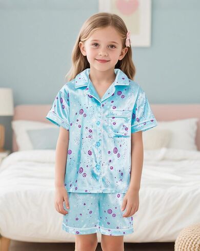 LQSZ Girls Pajamas Set Satin 2PCS Sleepwear 3-10 Years Kids Silky Button-Down Shorts Set in Saudi Arabia