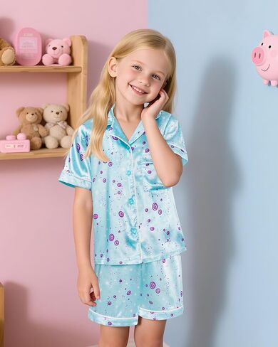 LQSZ Girls Pajamas Set Satin 2PCS Sleepwear 3-10 Years Kids Silky Button-Down Shorts Set in Saudi Arabia