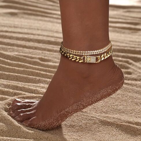14K Gold Anklets for Women Waterproof Rhinestone Ankle Bracelet Layered Cuban Link Chain Diamond Anklet Beach Jewelry for Women in Kuwait