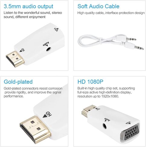 محول محول Sonew HD 1080P أنثى إلى VGA أنثى مع كابل إخراج صوت 3.5 مم للكمبيوتر/الكمبيوتر المحمول/DVD/سطح المكتب/اللوحة المسطحة/STB الرقمي/المشغل (أبيض) in Kuwait