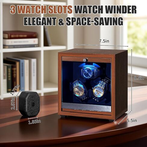 Watch Winder for Automatic Watches 3 Watch Winder with LED Light, 4 Rotation Modes Watch Turner, Super Quiet Motor, Memory Foam Pillows, Adapter Included, Luxury Gift for Men & Women in Saudi Arabia