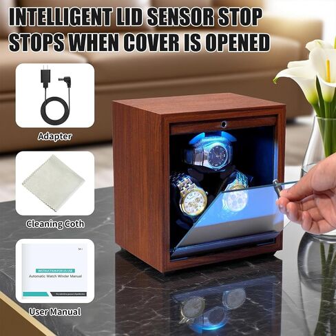 Watch Winder for Automatic Watches 3 Watch Winder with LED Light, 4 Rotation Modes Watch Turner, Super Quiet Motor, Memory Foam Pillows, Adapter Included, Luxury Gift for Men & Women in Saudi Arabia