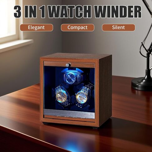 Watch Winder for Automatic Watches 3 Watch Winder with LED Light, 4 Rotation Modes Watch Turner, Super Quiet Motor, Memory Foam Pillows, Adapter Included, Luxury Gift for Men & Women in Saudi Arabia