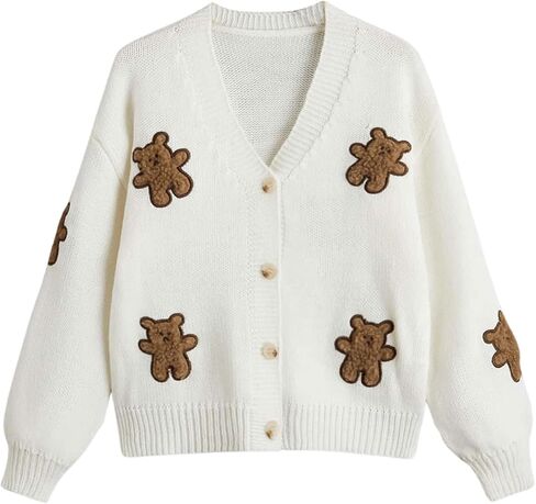 OYOANGLE Girl's Bear Embroidery Button Up Cardigan Sweater Long Sleeve V Neck Cute Knitted Outerwear in Saudi Arabia