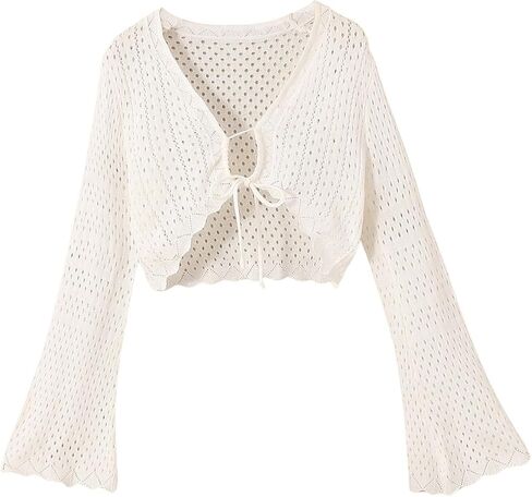 OYOANGLE Girl's Tie Front Hollow Out Cardigan Scallop Trim Trumpet Sleeve Knitted Bolero Shrug in Saudi Arabia