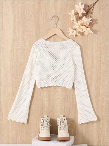 OYOANGLE Girl's Tie Front Hollow Out Cardigan Scallop Trim Trumpet Sleeve Knitted Bolero Shrug in Saudi Arabia