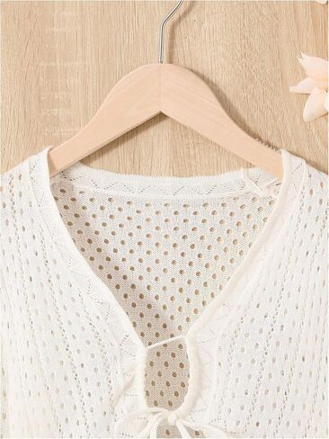 OYOANGLE Girl's Tie Front Hollow Out Cardigan Scallop Trim Trumpet Sleeve Knitted Bolero Shrug in Saudi Arabia