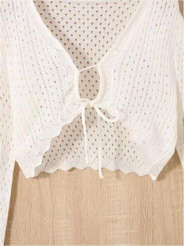 OYOANGLE Girl's Tie Front Hollow Out Cardigan Scallop Trim Trumpet Sleeve Knitted Bolero Shrug in Saudi Arabia