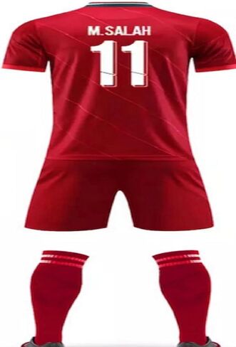 Mohamed Salah Red Home Soccer Kids Jersey + Shorts + Socks Set Kit Size Small (6-7 Years Old) For Youth in Saudi Arabia