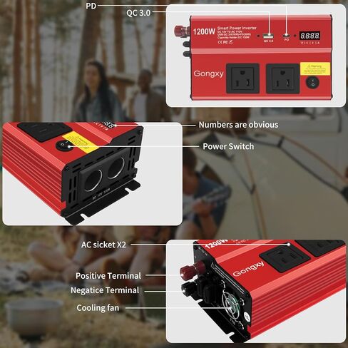 kutterters 1200w العاكس - 12 فولت DC إلى 110 فولت AC مع منفذ AC Outlets USB Type -C ، محول طاقة السيارات للشاحنة/المنزل/المركبات/المحمول رحلة in Kuwait