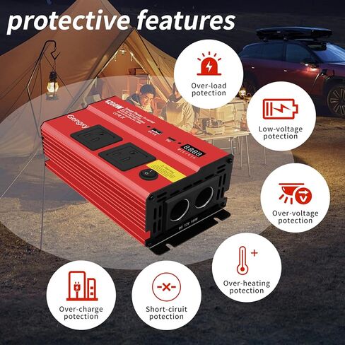 kutterters 1200w العاكس - 12 فولت DC إلى 110 فولت AC مع منفذ AC Outlets USB Type -C ، محول طاقة السيارات للشاحنة/المنزل/المركبات/المحمول رحلة in Kuwait