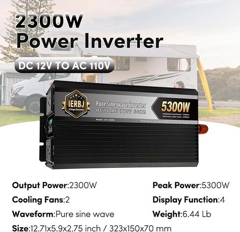 IERBJ 2300W Power Inverter, DC 12V to AC 110V, 5300W Peak Power, LED Display, Pure Sine Wave,2 Cooling Fan,for Vehicles,Car,RV,Truck,Ship in Saudi Arabia