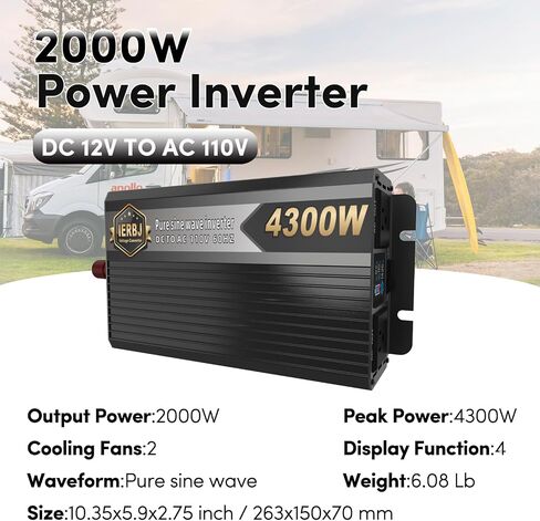 IERBJ 2000W Bower Inverter ، DC 12V إلى AC 110V ، 4300W PEAK POWER ، عرض LED ، موجة جيبية نقية ، مروحة تبريد 2 ، للسيارات ، RV ، شاحنة ، سفينة in Saudi Arabia