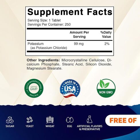 البوتاسيوم البوتاسيوم 99mg-250 قرصًا-كلوريد البوتاسيوم للعضلات والقلب والأعصاب-دعم الإلكتروليت-غير المعدلة وراثيًا ، خالية من الغلوتين in Saudi Arabia