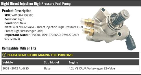 Right Direct Injection High Pressure Fuel Pump - Compatible with 2008-2012 Audi S5 Base 4.2L V8 CAUA Volkswagen 32-Valve in Saudi Arabia