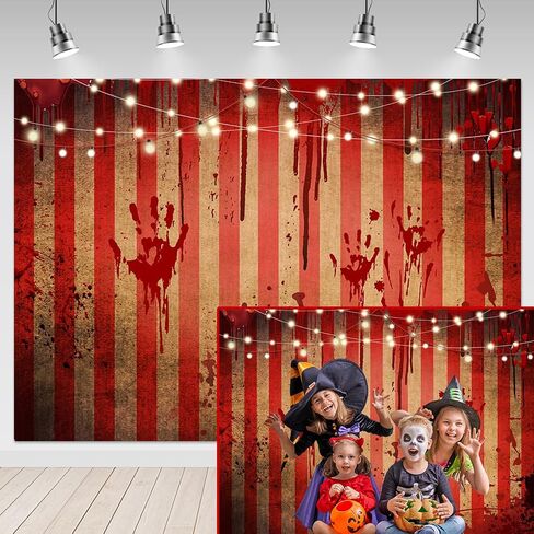 Mocsicka Halloween Circus Backdrop Circus Carnival Red Stripe Horrible Scary Bloody Handprint Party Decoration Splashes of Blood Clown Banner Photography Studio Props (10x8ft) in Saudi Arabia