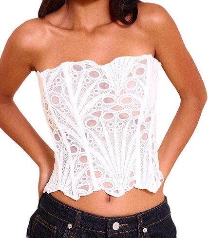 Women Strapless Corset Top Lace Up Sheer Bustier Hollow Out Y2k Going Out Tops in Kuwait