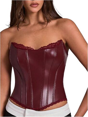Floerns Women's Rave Vintage Leather Corset Top Lace Trim Date Date Night Party Tubs in Saudi Arabia