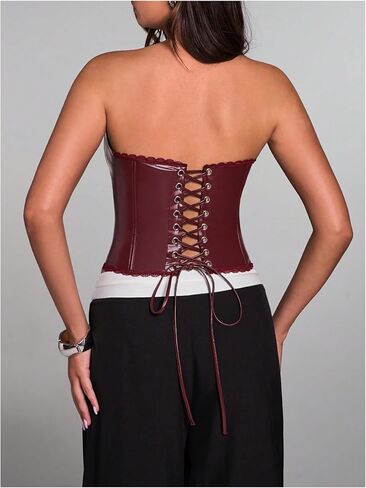 Floerns Women's Rave Vintage Leather Corset Top Lace Trim Date Date Night Party Tubs in Saudi Arabia