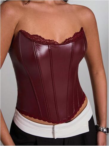 Floerns Women's Rave Vintage Leather Corset Top Lace Trim Date Date Night Party Tubs in Saudi Arabia
