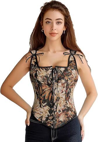 Womens Renaissance Corset Vintage Lace Up Bustier Tops Floral Overbust Corset With Zipper in Kuwait
