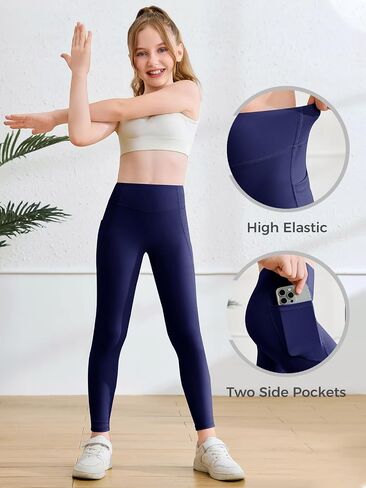 Haloumoning Girls Athletic Leggings with Pockets Kids High Waist Active Tights Dance Running Yoga Pants 5-14 Years in Saudi Arabia