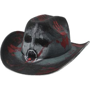 Halloween Skull Print Cowboy Hat Classic Skeleton Western Cowboy Cowgirl Hat with Shapable Brim Masquerade Party Dance Hats in Kuwait