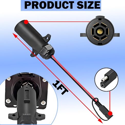 7 Pin Power Interface,7 Blades Connected to 2 Pin SAE Interface,10AWG 1ft,7 Pin Circular RV-Style Trailer Plug Connection Cable,Suitable for Campers,Trucks,Air Compressors,Portable Coolers in Kuwait