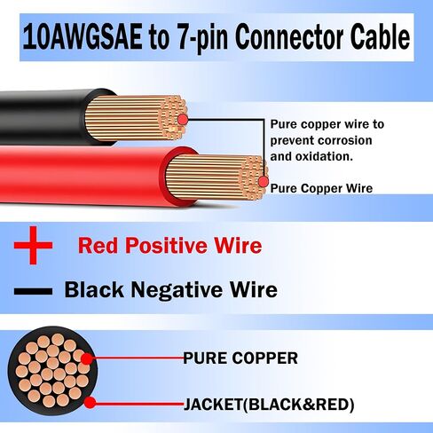 7 Pin Power Interface,7 Blades Connected to 2 Pin SAE Interface,10AWG 1ft,7 Pin Circular RV-Style Trailer Plug Connection Cable,Suitable for Campers,Trucks,Air Compressors,Portable Coolers in Kuwait