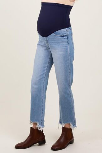 PinkBlush Light Distressed Hem Cropped Straight Leg Jeans in Saudi Arabia