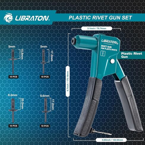 LIBRATON Plastic Rivet Gun Kit, 90 Degree Angle Hand Riveter with 40 Nylon Rivets (4 Sizes), Universal Nosepiece for Automotive/Electronics, Ergonomic & 50% Lighter Force in Saudi Arabia