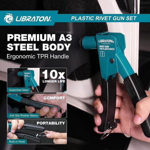 LIBRATON Plastic Rivet Gun Kit, 90 Degree Angle Hand Riveter with 40 Nylon Rivets (4 Sizes), Universal Nosepiece for Automotive/Electronics, Ergonomic & 50% Lighter Force in Saudi Arabia