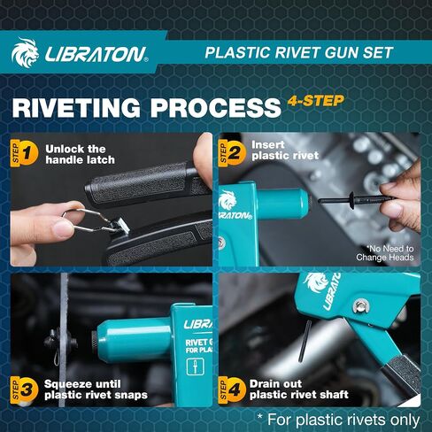 LIBRATON Plastic Rivet Gun Kit, 90 Degree Angle Hand Riveter with 40 Nylon Rivets (4 Sizes), Universal Nosepiece for Automotive/Electronics, Ergonomic & 50% Lighter Force in Saudi Arabia