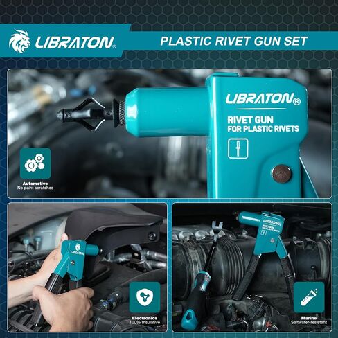 LIBRATON Plastic Rivet Gun Kit, 90 Degree Angle Hand Riveter with 40 Nylon Rivets (4 Sizes), Universal Nosepiece for Automotive/Electronics, Ergonomic & 50% Lighter Force in Saudi Arabia