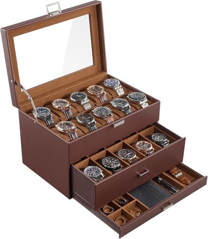Procase 20 Slot Watch Box للرجال ، علبة عرض مراقبة من 3 طبقات مع غطاء زجاجي ، حامل مشاهدة مع درج ، منظم تخزين المجوهر in Saudi Arabia