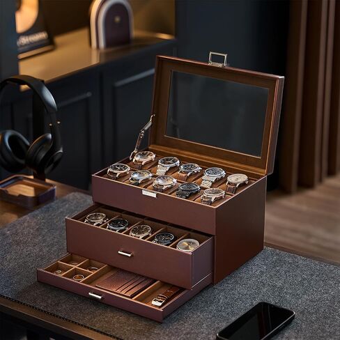 Procase 20 Slot Watch Box للرجال ، علبة عرض مراقبة من 3 طبقات مع غطاء زجاجي ، حامل مشاهدة مع درج ، منظم تخزين المجوهر in Saudi Arabia